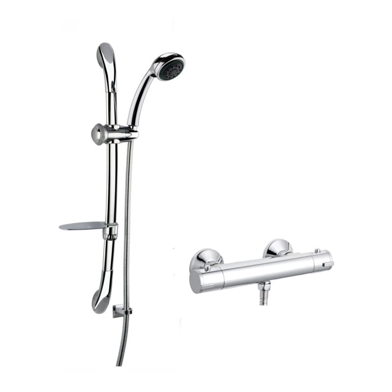 Nuie Chrome Round Bar Shower Valve & Curved Slide Rail Kit