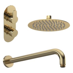 Nuie Arvan Brushed Brass Thermostatic Shower with Wall Arm & Fixed Head