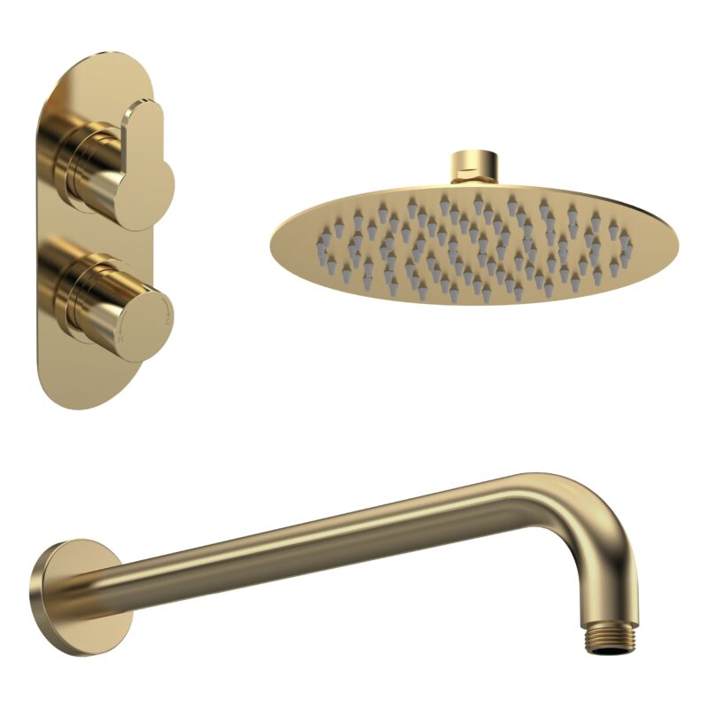 Nuie Arvan Brushed Brass Thermostatic Shower with Wall Arm & Fixed Head Nuie Arvan Brushed Brass Thermostatic Shower with Wall Arm & Fixed Head