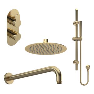 Nuie Arvan Brushed Brass Twin Thermostatic Valve with Fixed Head & Slide Rail
