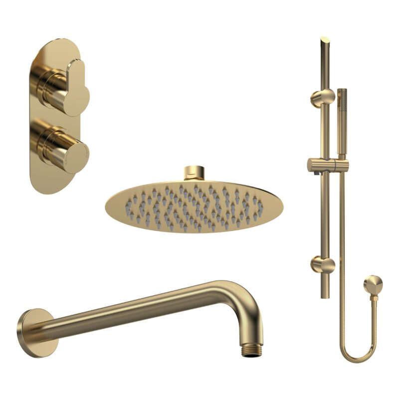 Nuie Arvan Brushed Brass Twin Thermostatic Valve with Fixed Head & Slide Rail Nuie Arvan Brushed Brass Twin Thermostatic Valve with Fixed Head & Slide Rail