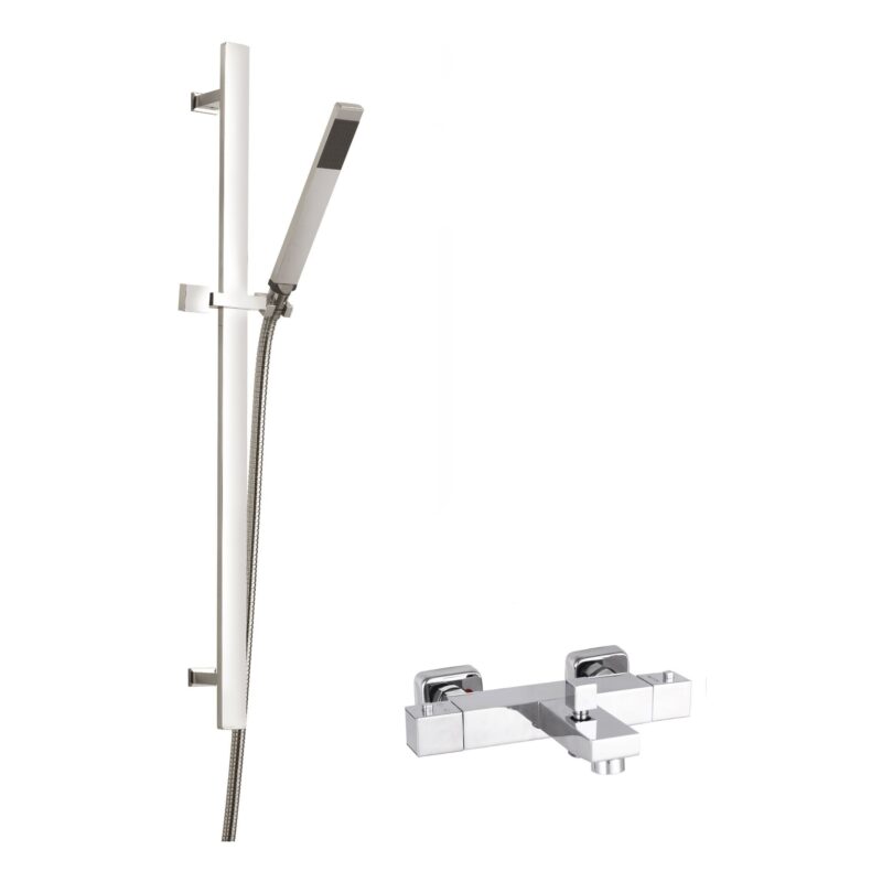 Nuie Chrome Thermostatic Wall Bath Shower Mixer & Sheer Slide Rail Kit