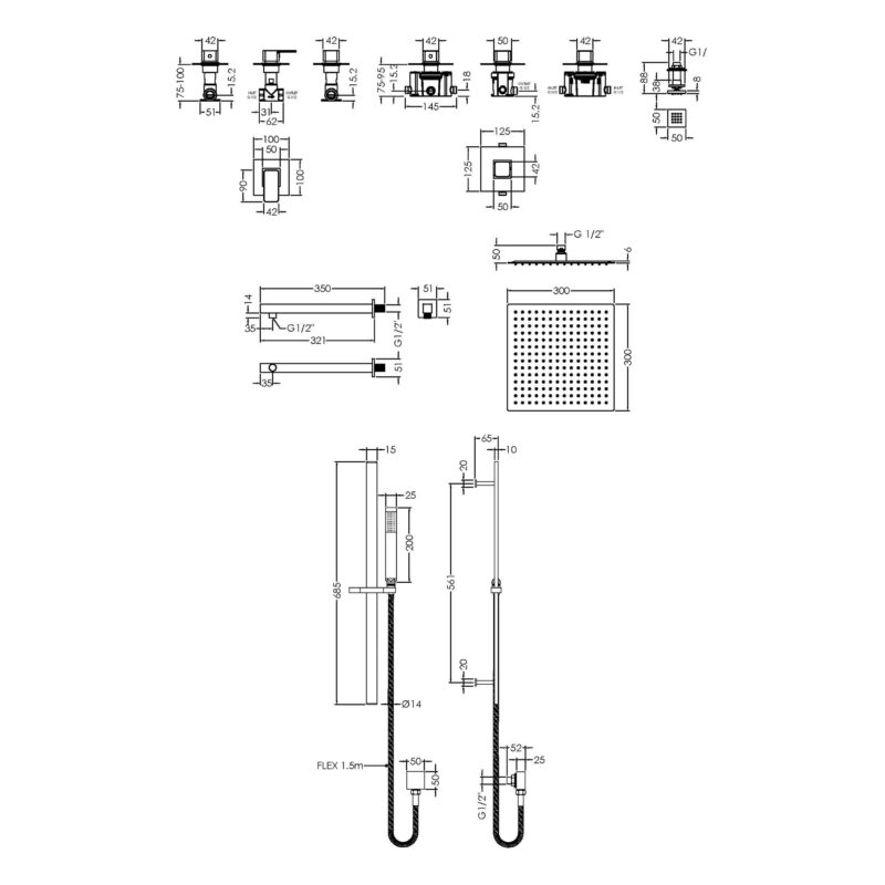 Nuie Windon Chrome Thermostatic Shower System with 3 Body Jets