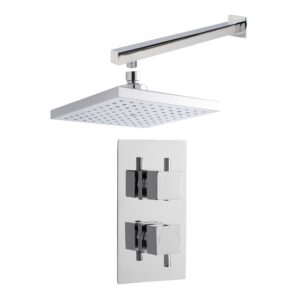Nuie Chrome Twin Square Thermostatic Concealed Valve, Fixed Head & Arm