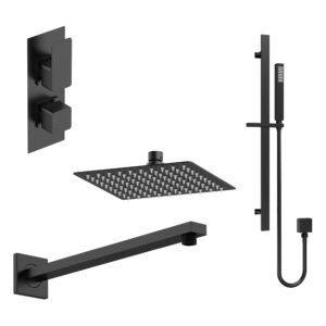Nuie Windon Matt Black Twin Thermostatic Valve with Fixed Head & Slide Rail Kit