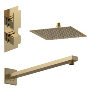 Nuie Windon Brushed Brass Twin Thermostatic Valve & Fixed Head