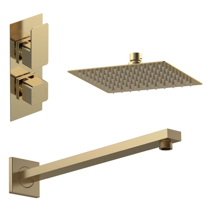 Nuie Windon Brushed Brass Twin Thermostatic Valve & Fixed Head Nuie Windon Brushed Brass Twin Thermostatic Valve & Fixed Head