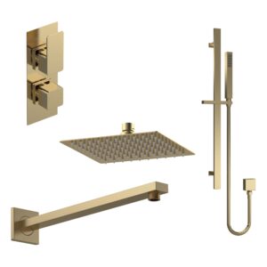 Nuie Windon Brushed Brass Twin Thermostatic Valve with Fixed Head & Slide Rail