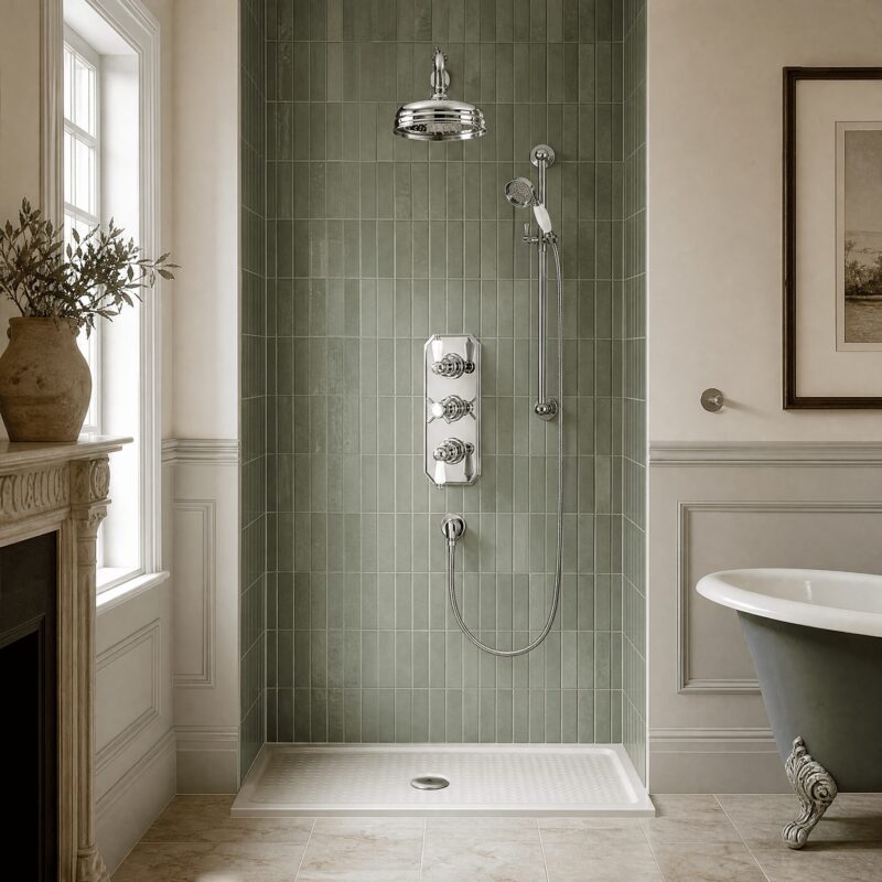 Nuie Edwardian Traditional Triple Thermostatic Valve with Fixed Head & Slide Rail