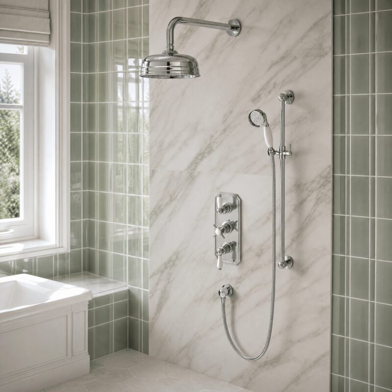 Nuie Edwardian Traditional Triple Thermostatic Valve with Fixed Head & Slide Rail