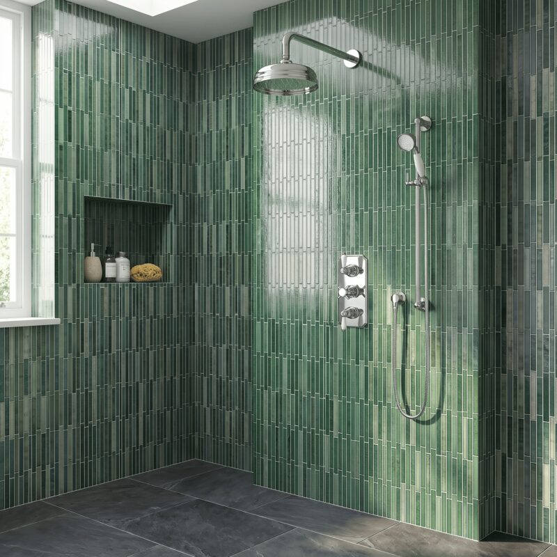 Nuie Edwardian Traditional Triple Thermostatic Valve with Fixed Head & Slide Rail