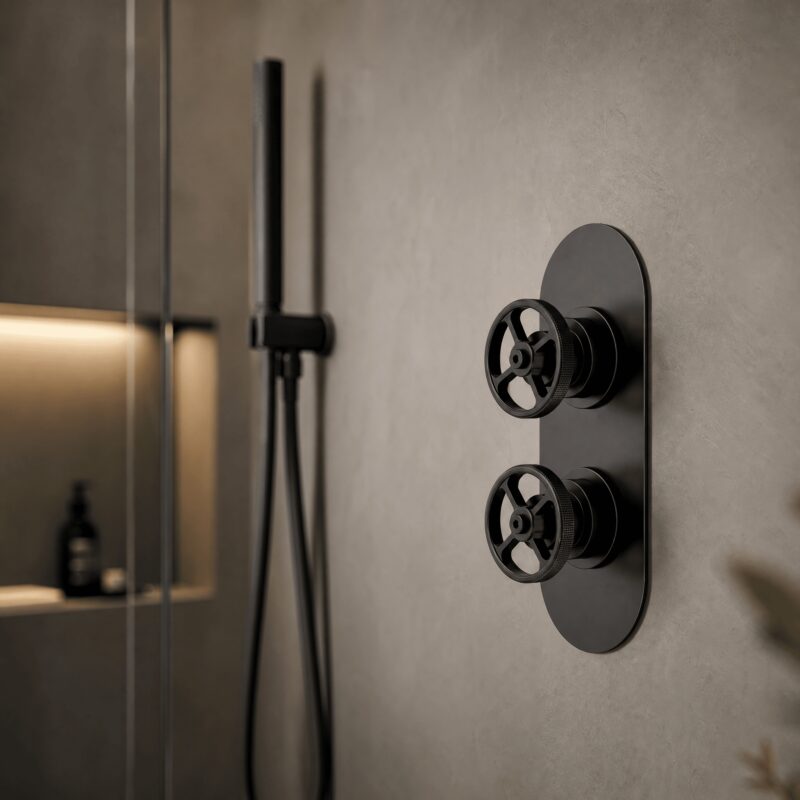 Nuie Revolution Industrial Matt Black Concealed Twin 3-Way Shower Valve