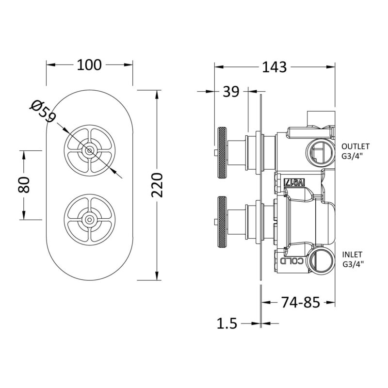 Nuie Revolution Industrial Matt Black Concealed Twin 3-Way Shower Valve