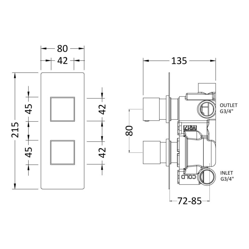 Nuie Windon Chrome Concealed Thermostatic Twin 3-Way Shower Valve