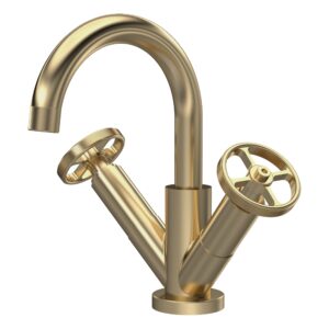 Nuie Revolution Brushed Brass Mono Basin Mixer with Push Button Waste