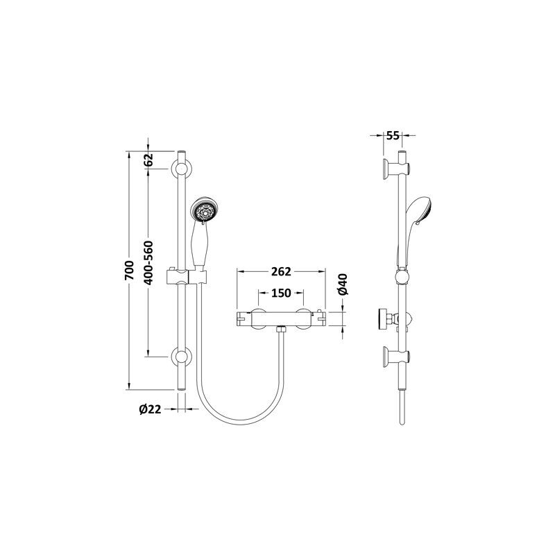 Nuie Chrome Round Bar Shower Valve & Slide Rail Kit