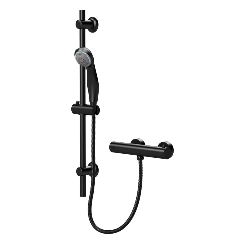 Nuie Matt Black Round Bar Shower Valve & Slide Rail Kit