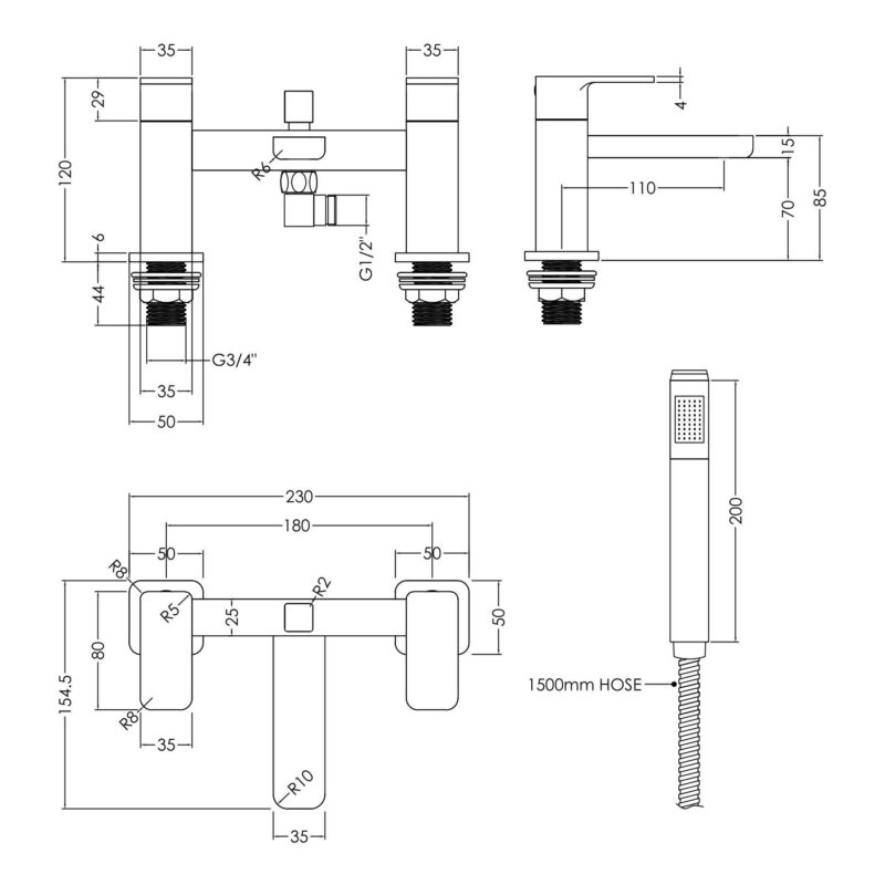 Nuie Windon Chrome Deck Mounted Bath Shower Mixer with Kit