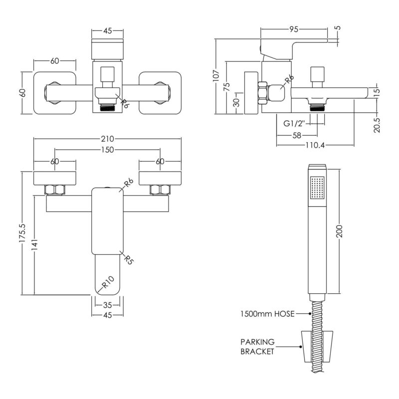 Nuie Windon Chrome Wall Mounted Bath Shower Mixer with Kit
