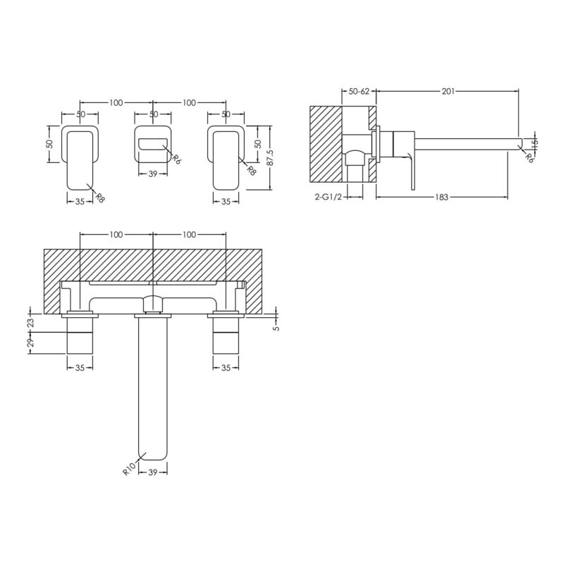Nuie Windon Chrome 3 Hole Wall Basin Mixer