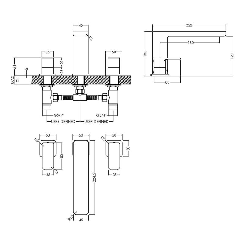 Nuie Windon Chrome 3 Hole Deck Bath Filler