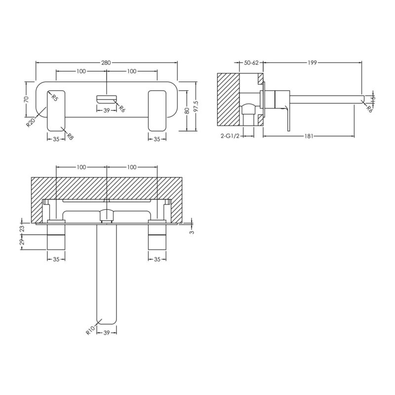 Nuie Windon Chrome 3 Hole Wall Basin Mixer with Plate