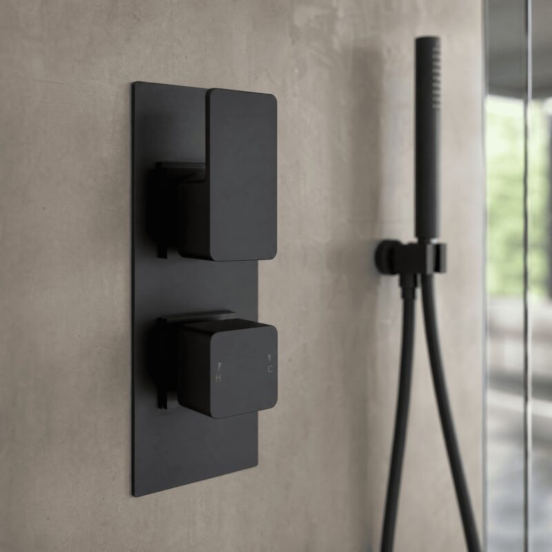 Nuie Windon Matt Black Twin Thermostatic Shower Valve with Diverter