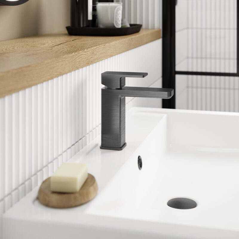 Nuie Windon Brushed Pewter Mono Basin Mixer with Push Button Waste