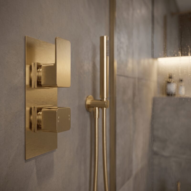 Nuie Windon Brushed Brass Twin Thermostatic Shower Valve