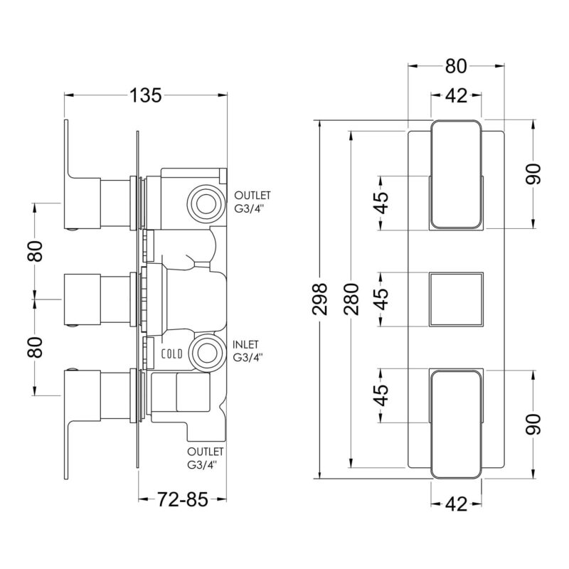 Nuie Windon Chrome Triple Thermostatic Shower Valve with Diverter