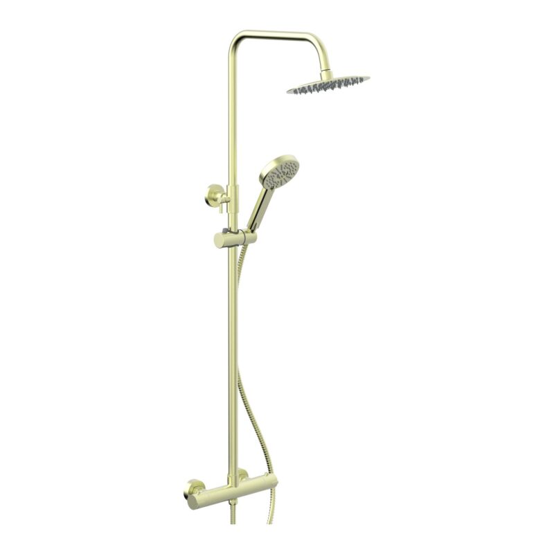 Parkbrook Omega Column Shower with Rail, Hose & Round Head Brushed Brass Parkbrook Omega Column Shower with Rail, Hose & Round Head Brushed Brass