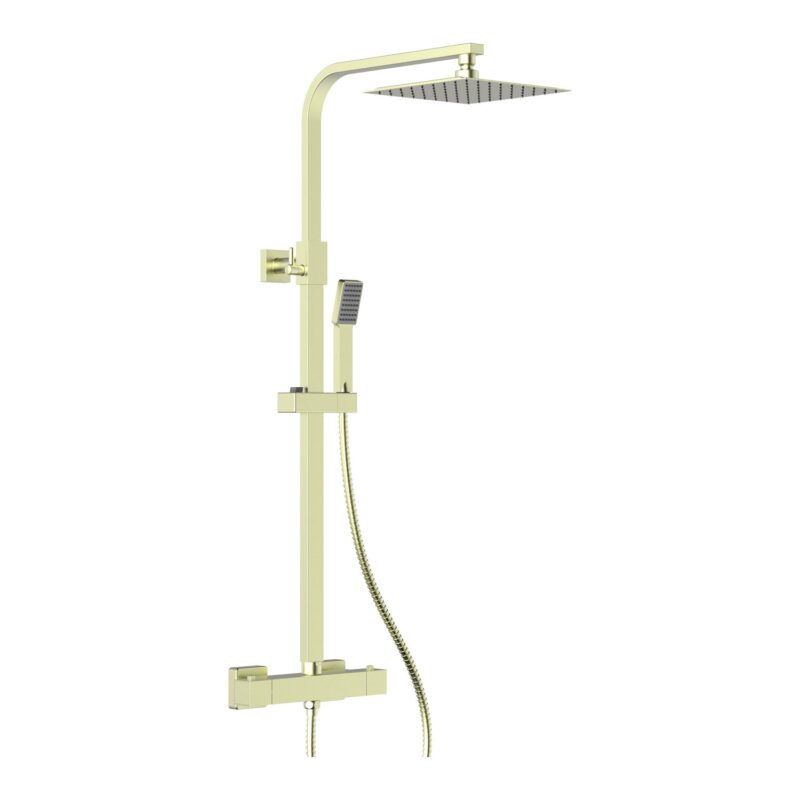 Parkbrook Omega Column Shower with Rail, Hose & Square Head Brushed Brass Parkbrook Omega Column Shower with Rail, Hose & Square Head Brushed Brass