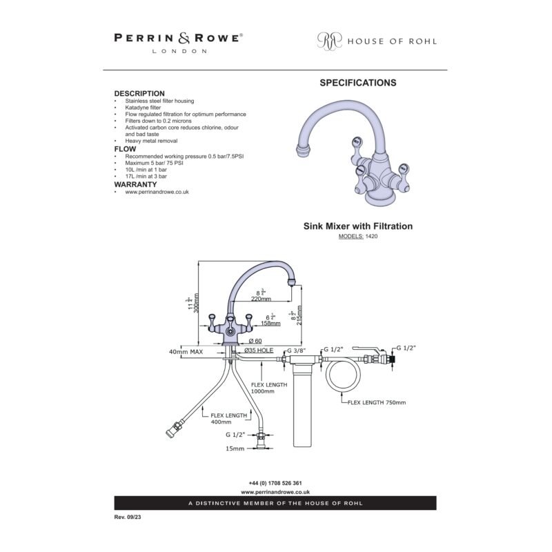 Perrin & Rowe Etruscan Sink Mixer & Filter Tap Gold