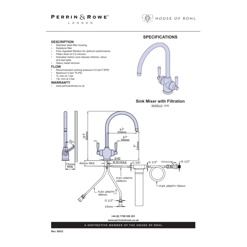 Perrin & Rowe Langbourn Sink Mixer with Filtration Gold