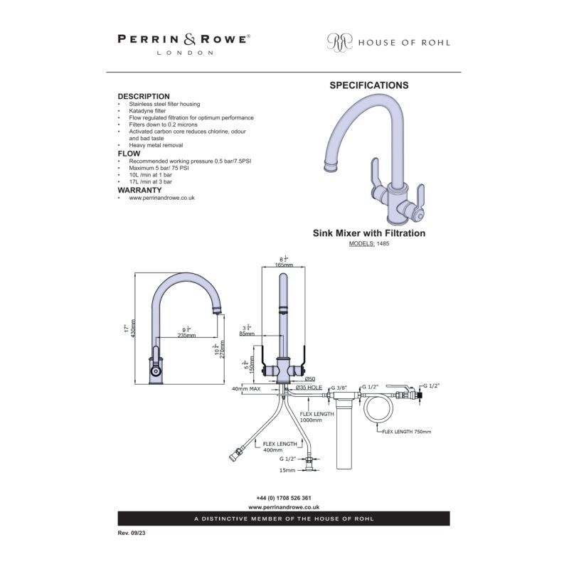 Perrin & Rowe Armstrong Kitchen Sink Mixer & Filter Tap Satin Brass