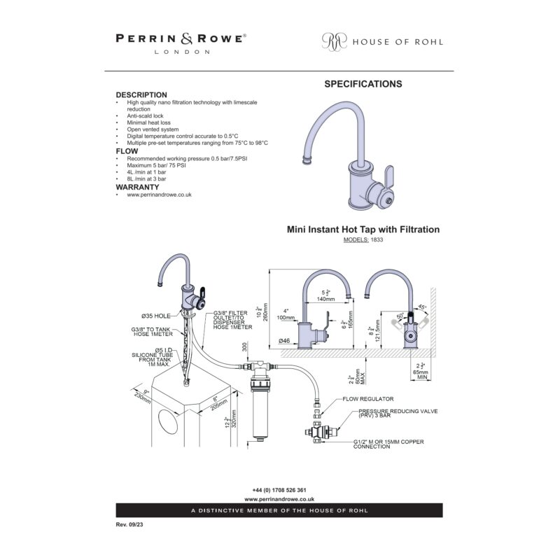Perrin & Rowe Armstrong Mini Instant Hot Water & Cold Filter Tap Aged Brass