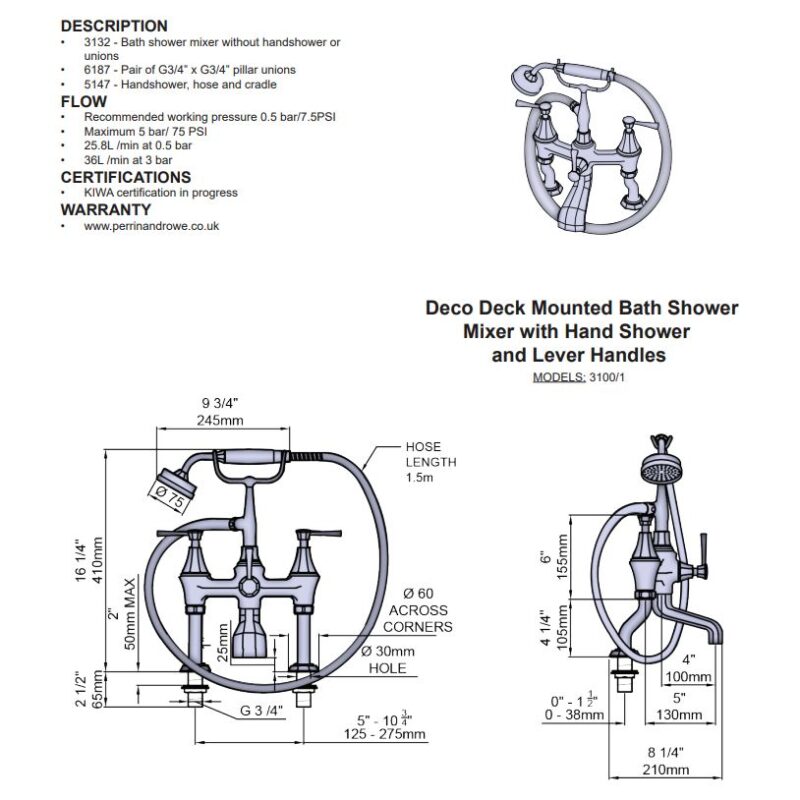 Perrin & Rowe Deco Bath Shower Mixer with Lever Handles Chrome