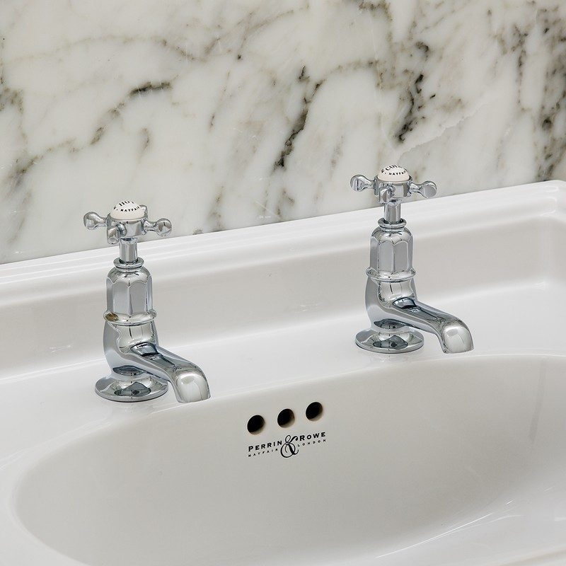 Perrin & Rowe Pair of Basin Taps with Crosshead Handles Chrome
