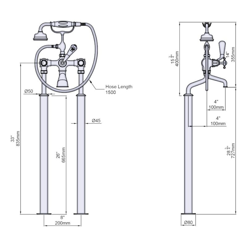 Perrin & Rowe Traditional Floor Bath Shower Mixer Crosstop