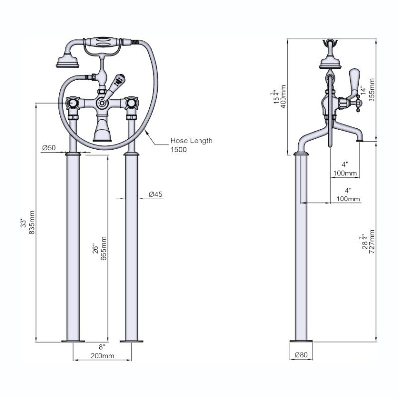 Perrin & Rowe Traditional Crosstop Floor Bath Shower Mixer Nickel