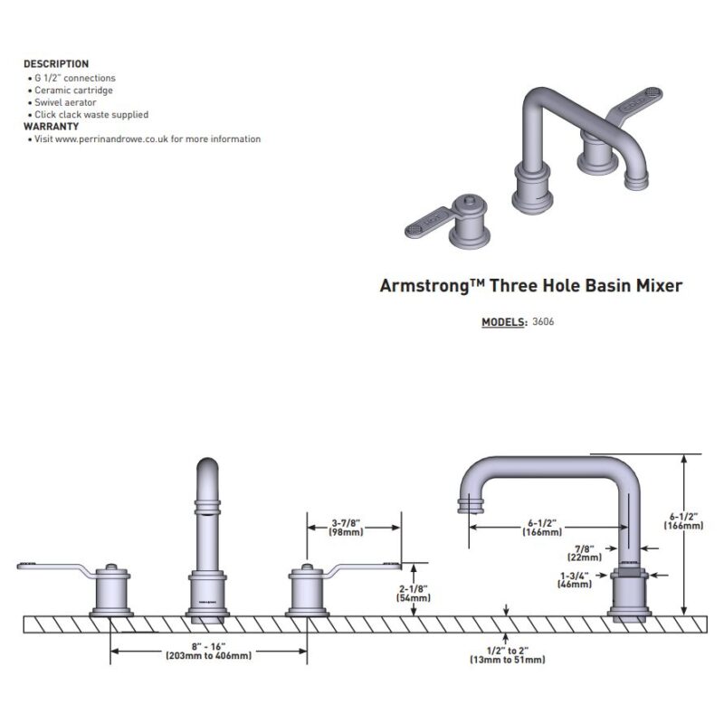 Perrin & Rowe Armstrong 3 Hole Basin Mixer Pewter