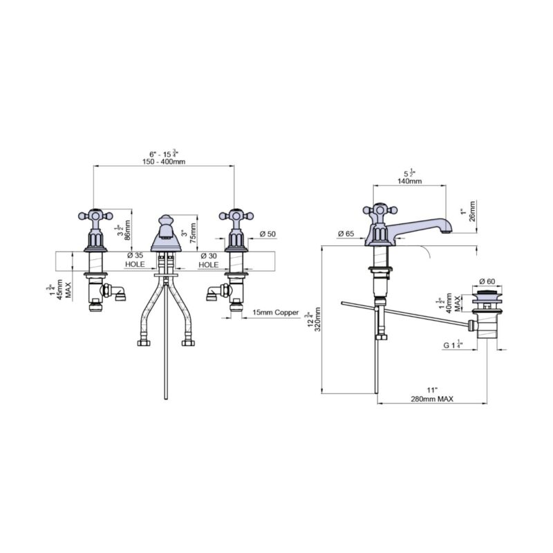 Perrin & Rowe Traditional 3 Hole Basin Mixer Crosshead Nickel