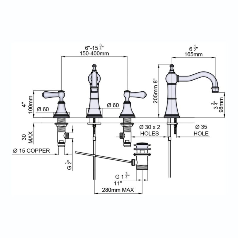 Perrin & Rowe Georgian 3 Hole Country Spout Basin Mixer, Lever