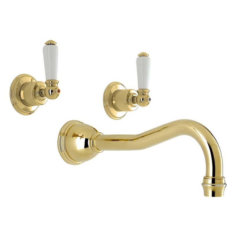 Perrin & Rowe 3 Hole Wall Lever Bath Set Country Spout Gold