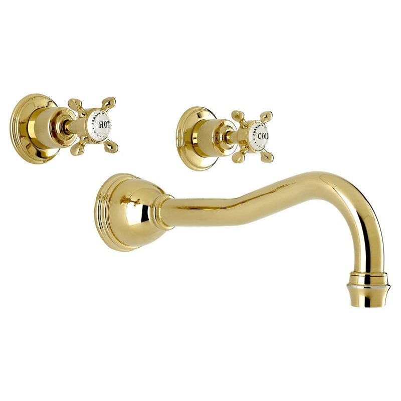 Perrin & Rowe 3H Wall Crosshead Bath Set Country Spout Gold