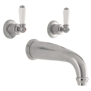 Perrin & Rowe 3 Hole Wall Bath Set with Lever Handles Pewter