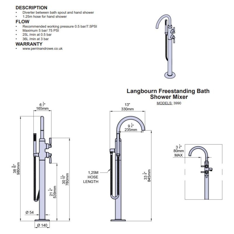 Perrin & Rowe Langbourn Freestanding Thermostatic Bath Shower Mixer Chrome