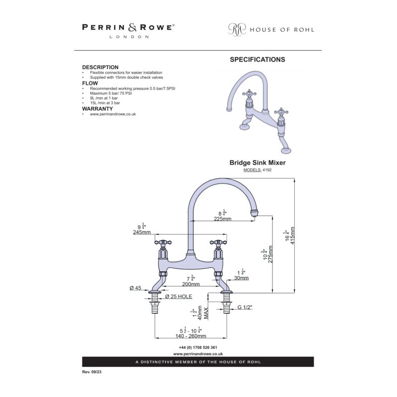 Perrin & Rowe Ionian Crosstop Bridge Sink Mixer Aged Brass