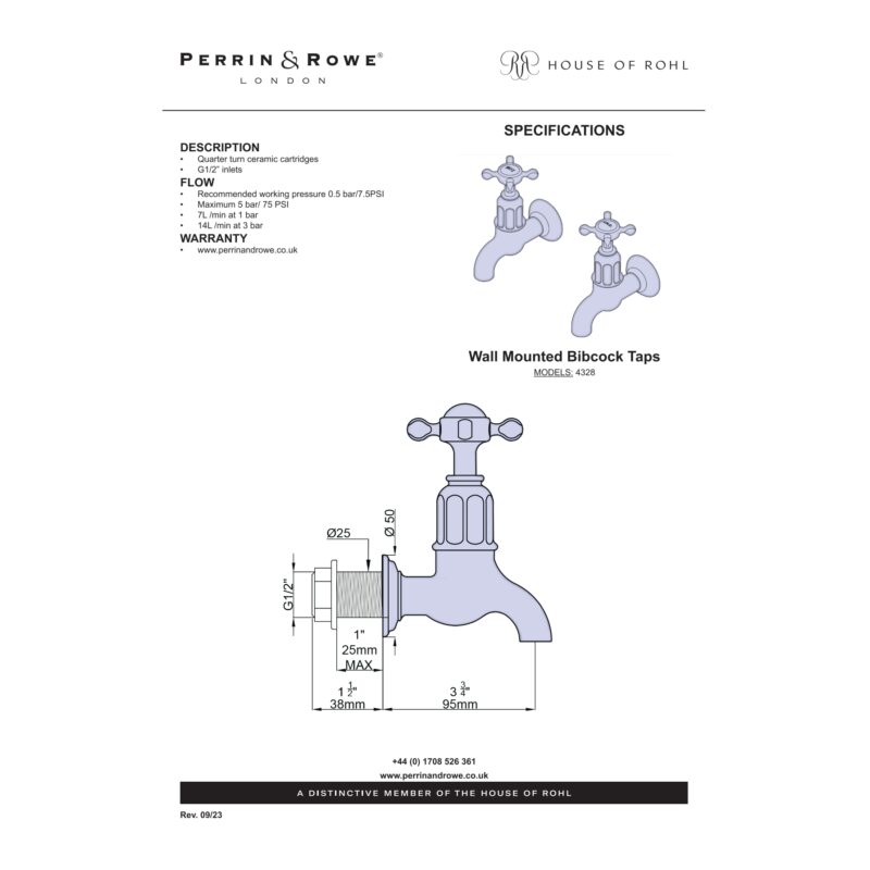 Perrin & Rowe Ionian Crosstop Wall Mounted Bib Taps Gold