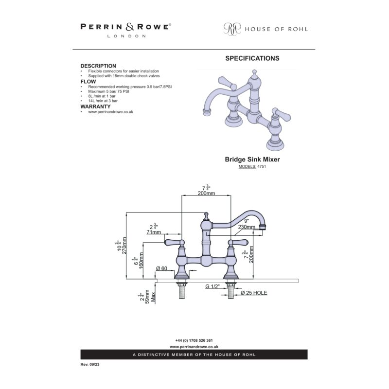 Perrin & Rowe Provence Bridge Sink Mixer Tap Gold